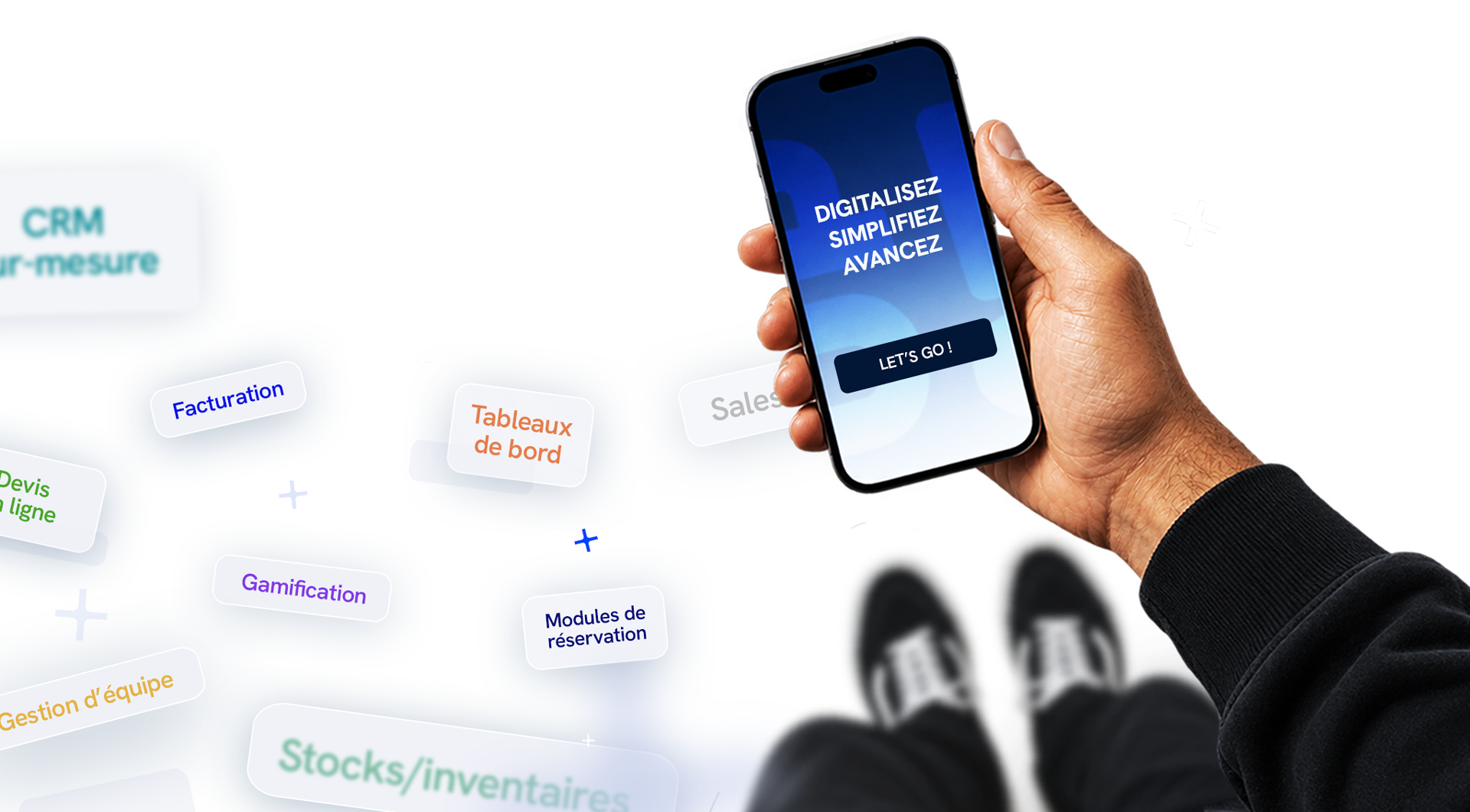 Smartphone entouré des fonctions couvertes : CRM, facturation, tableaux de bord, planification, stocks et gestion d'équipe